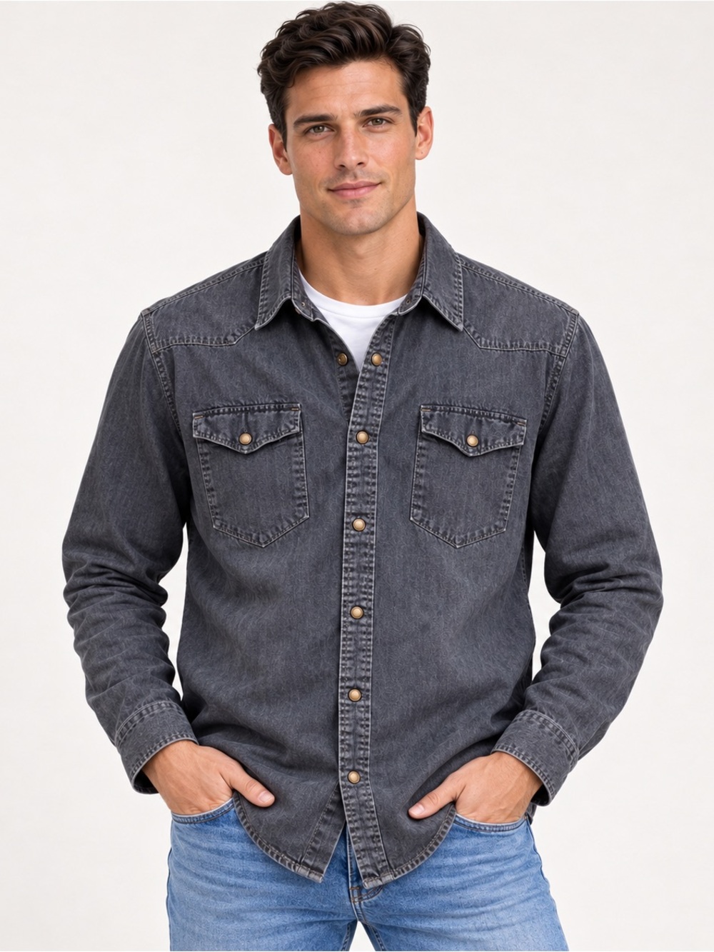 Wrangler Men’s 2XL Black Washed Denim Western Snap Shirt Overshirt